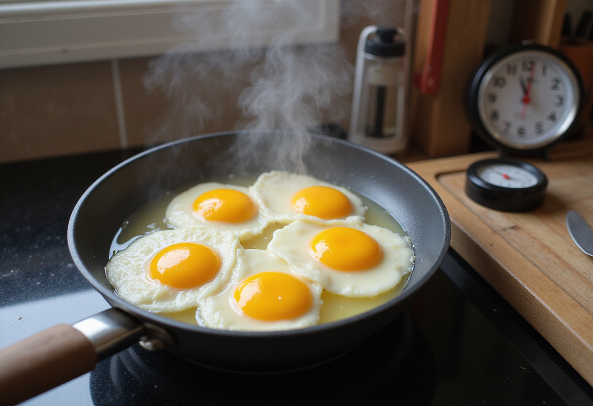 Poaching eggs for Turkish eggs, showcasing the gentle simmer in a frying pan. Essential step for crafting Turkish Eggs with Greek Yogurt.