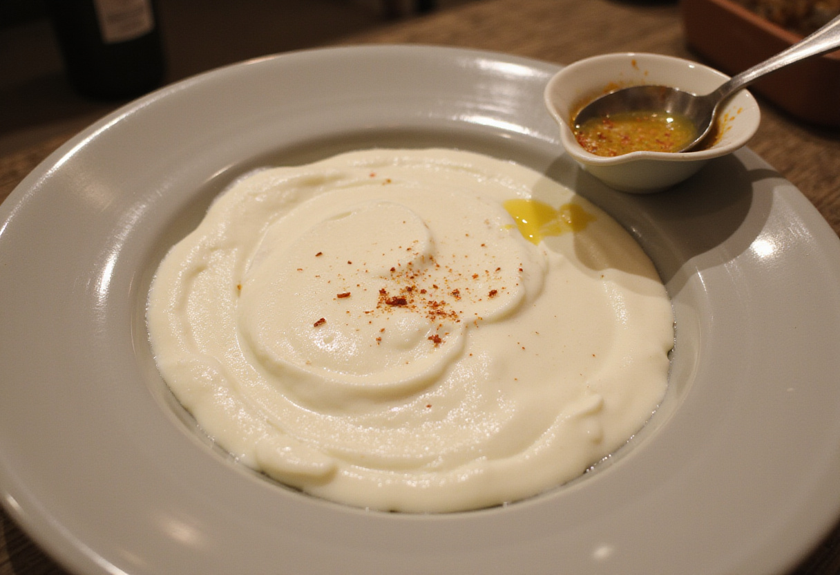 Preparing the base for Turkish Eggs with Greek Yogurt, including a yogurt layer and butter infused with spices. Key element for a delightful meal.