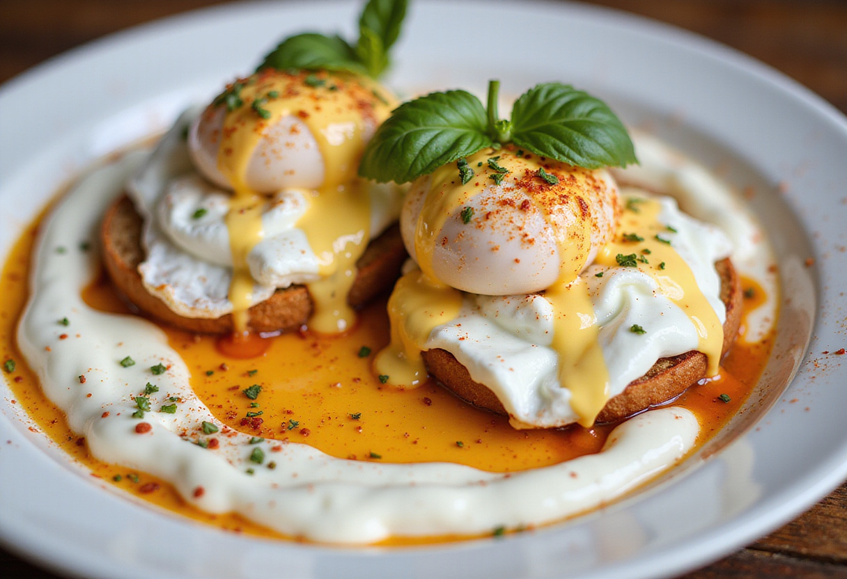 Presenting Turkish Eggs with Greek Yogurt, featuring poached eggs on a rich yogurt base topped with spicy butter and herbs. A flavorful dish for breakfast.