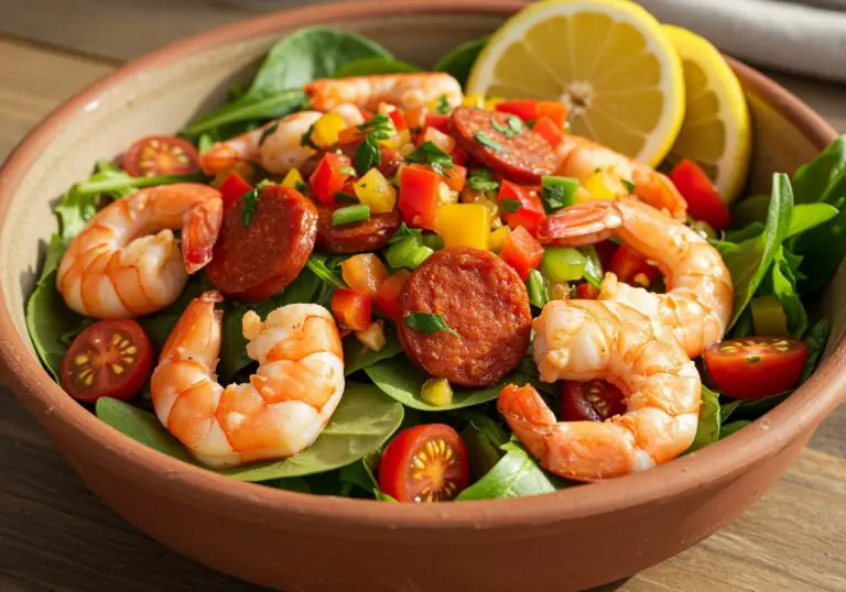 Delicious Warm Shrimp & Chorizo Salad presented in a bowl, highlighting the appetizing colors and textures of this gourmet dish.