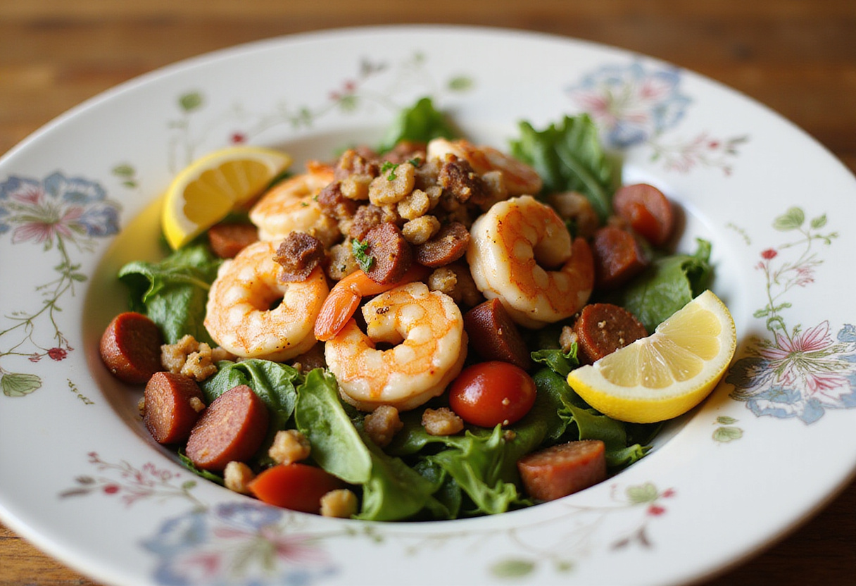 Delicious Warm Shrimp & Chorizo Salad presented in a bowl, highlighting the appetizing colors and textures of this gourmet dish.