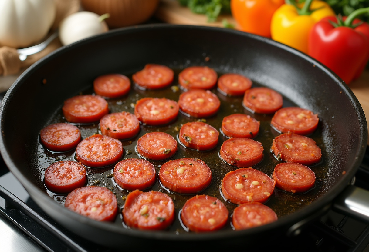 Warm Shrimp & Chorizo Salad preparation process with sizzling chorizo in skillet, showcasing flavorful cooking ingredients.