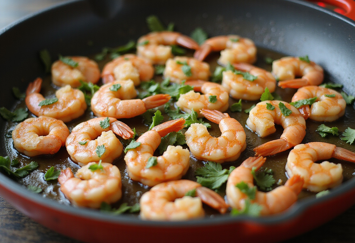 Cooking shrimp for Warm Shrimp & Chorizo Salad, showcasing the transformation from raw to fully cooked shrimp in a skillet.