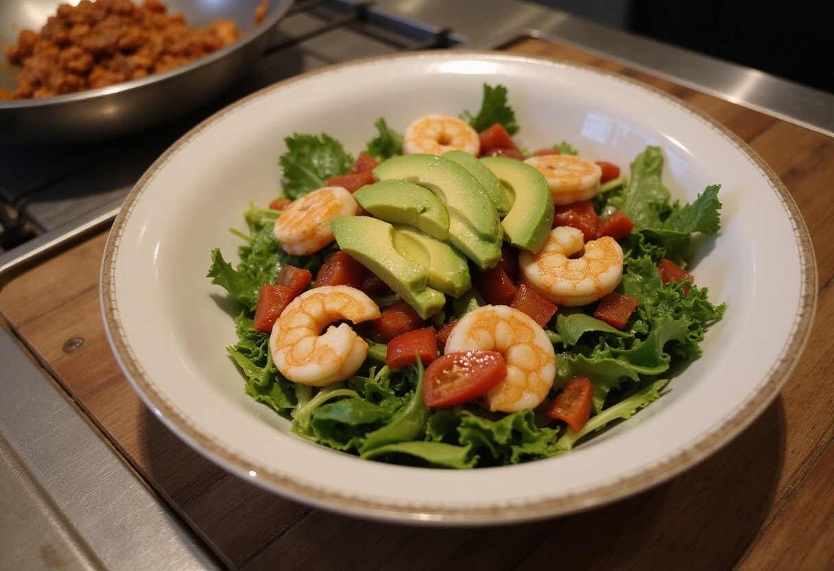 Fresh mixed greens ready for Warm Shrimp & Chorizo Salad completion, featuring colorful vegetables like avocado and tomatoes.