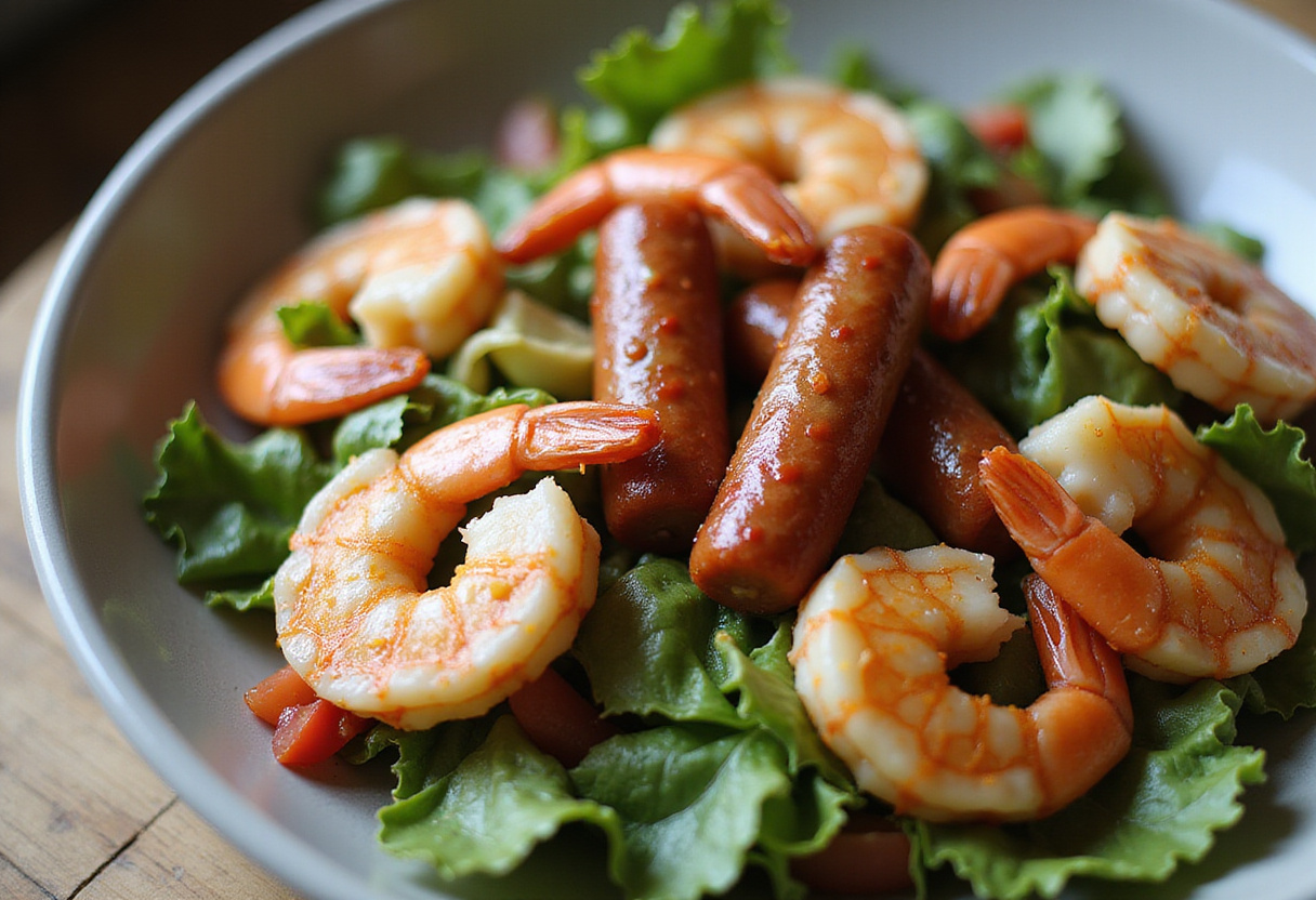 Mixing warm chorizo and shrimp with salad ingredients for Warm Shrimp & Chorizo Salad, demonstrating a vibrant blend of flavors.