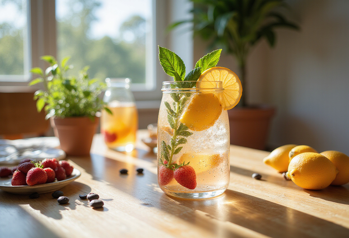 Final presentation of Watertok infused waters in a beautifully arranged setting, highlighting the freshness and visual appeal of the drink.