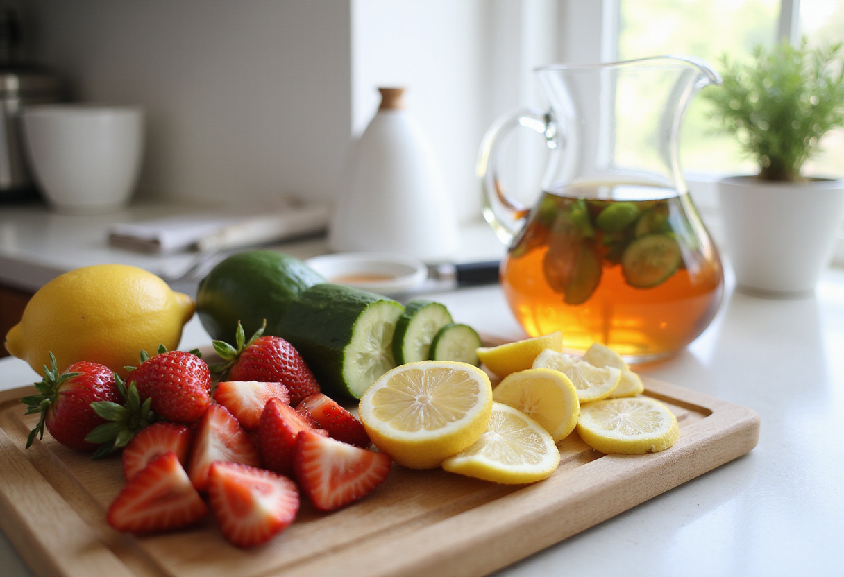 Fresh fruits being prepared for Watertok infused waters, showcasing vibrant strawberries, lemons, and cucumbers in a bright kitchen.