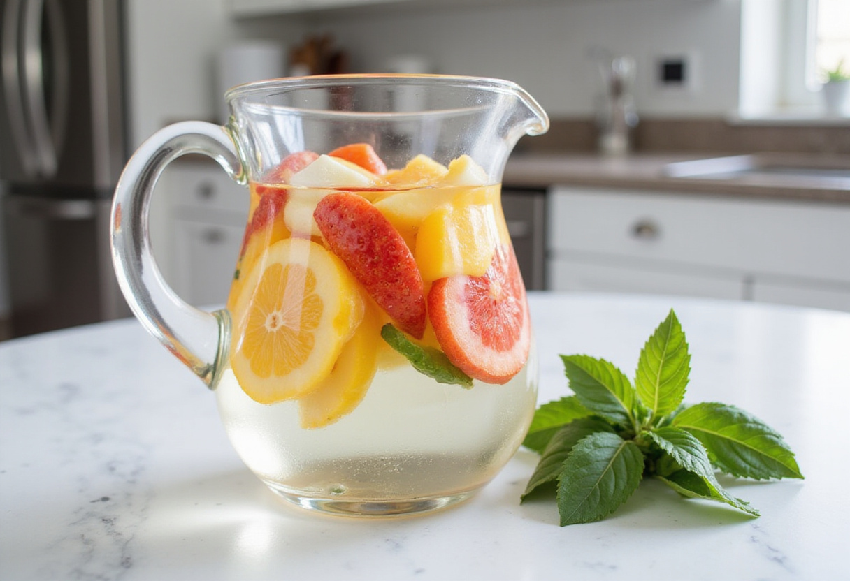 Sliced fruits and herbs arranged in a clear jug for making refreshing Watertok infused waters, highlighting the vibrant colors and fresh ingredients.