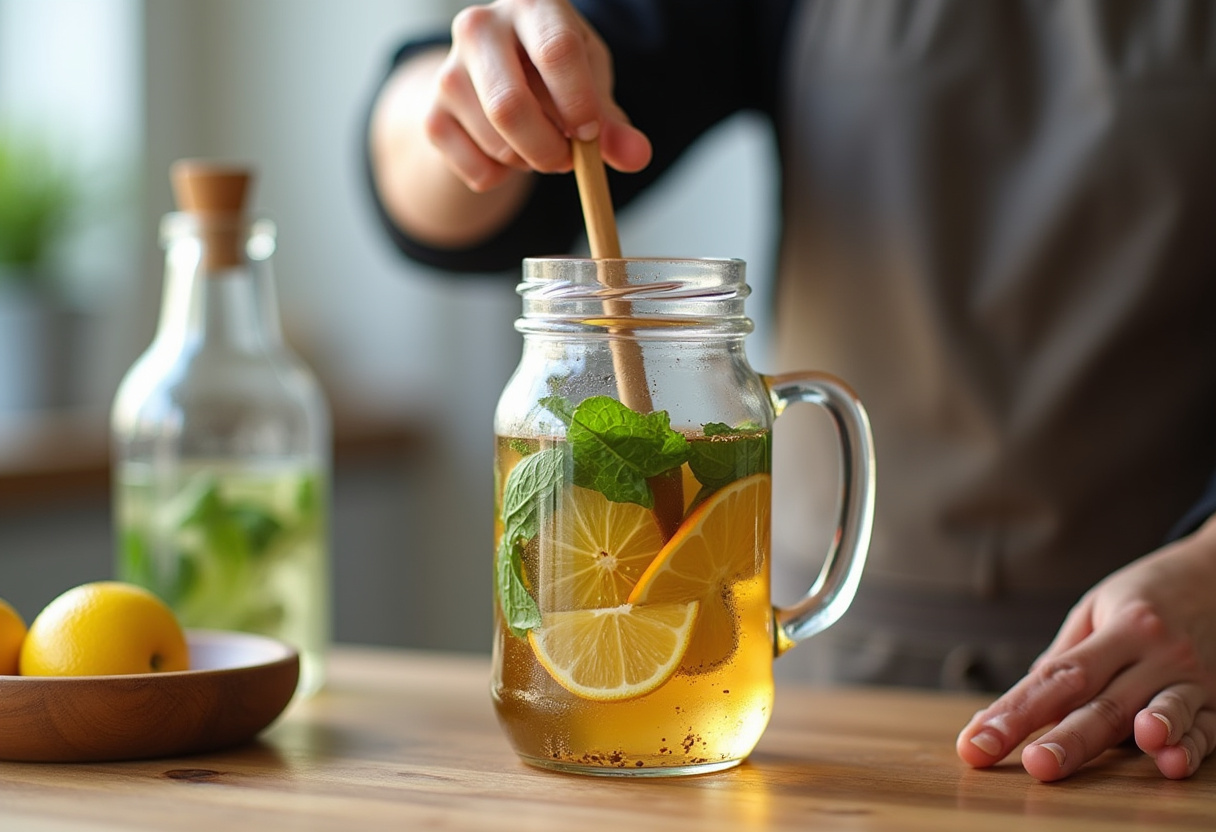 Stirring the Watertok infused waters, depicting the infusion process with a wooden spoon in a glass jug, surrounded by fresh ingredients.