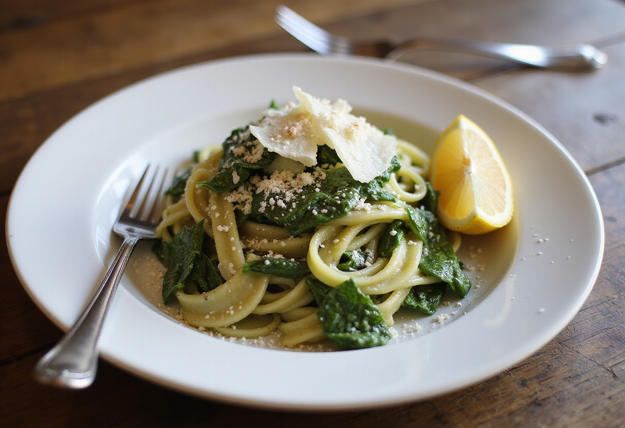 Deliciously presented Zesty Lemon Ricotta and Spinach Pasta on a plate with parmesan and lemon wedge, showcasing the final meal.