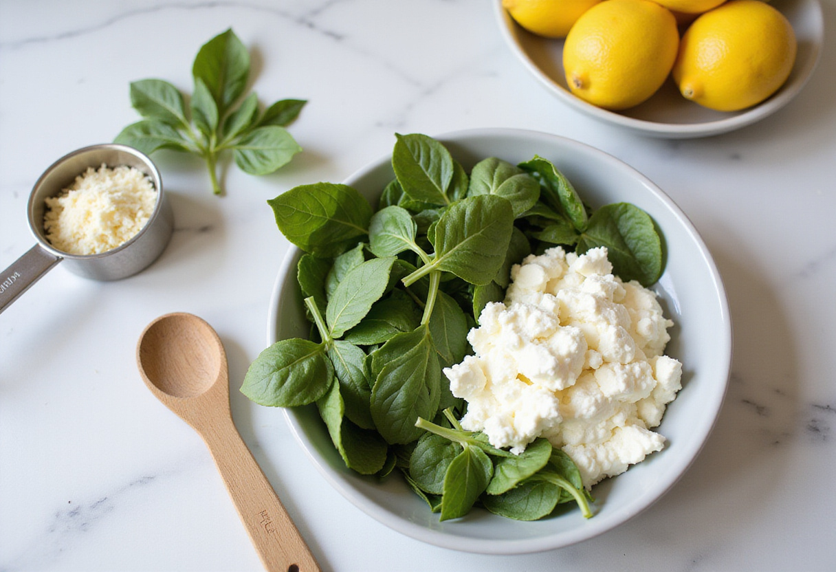 Zesty Lemon Ricotta and Spinach Pasta ingredients, including fresh spinach, ricotta cheese, and lemons, ready for mixing.