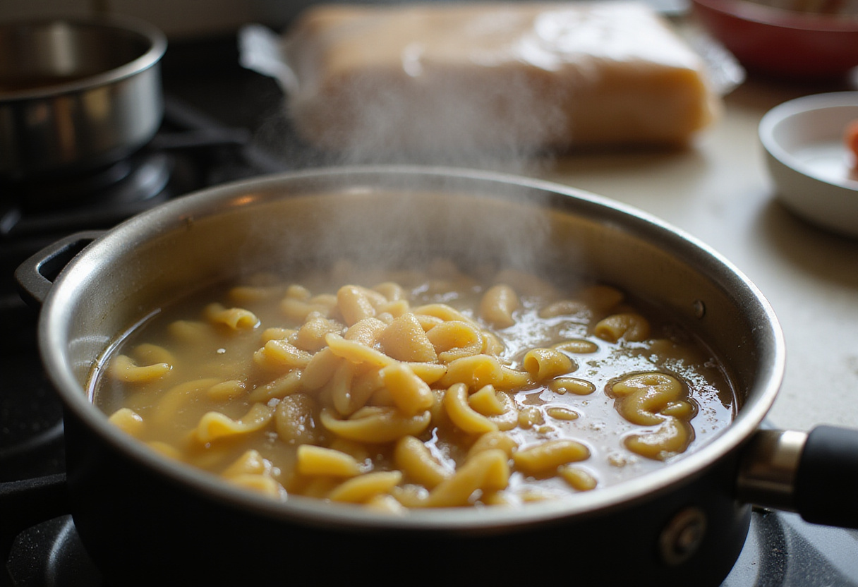 Cooking pasta for Zesty Lemon Ricotta and Spinach Pasta, showcasing a pot of boiling water with salt and pasta ready to be added.