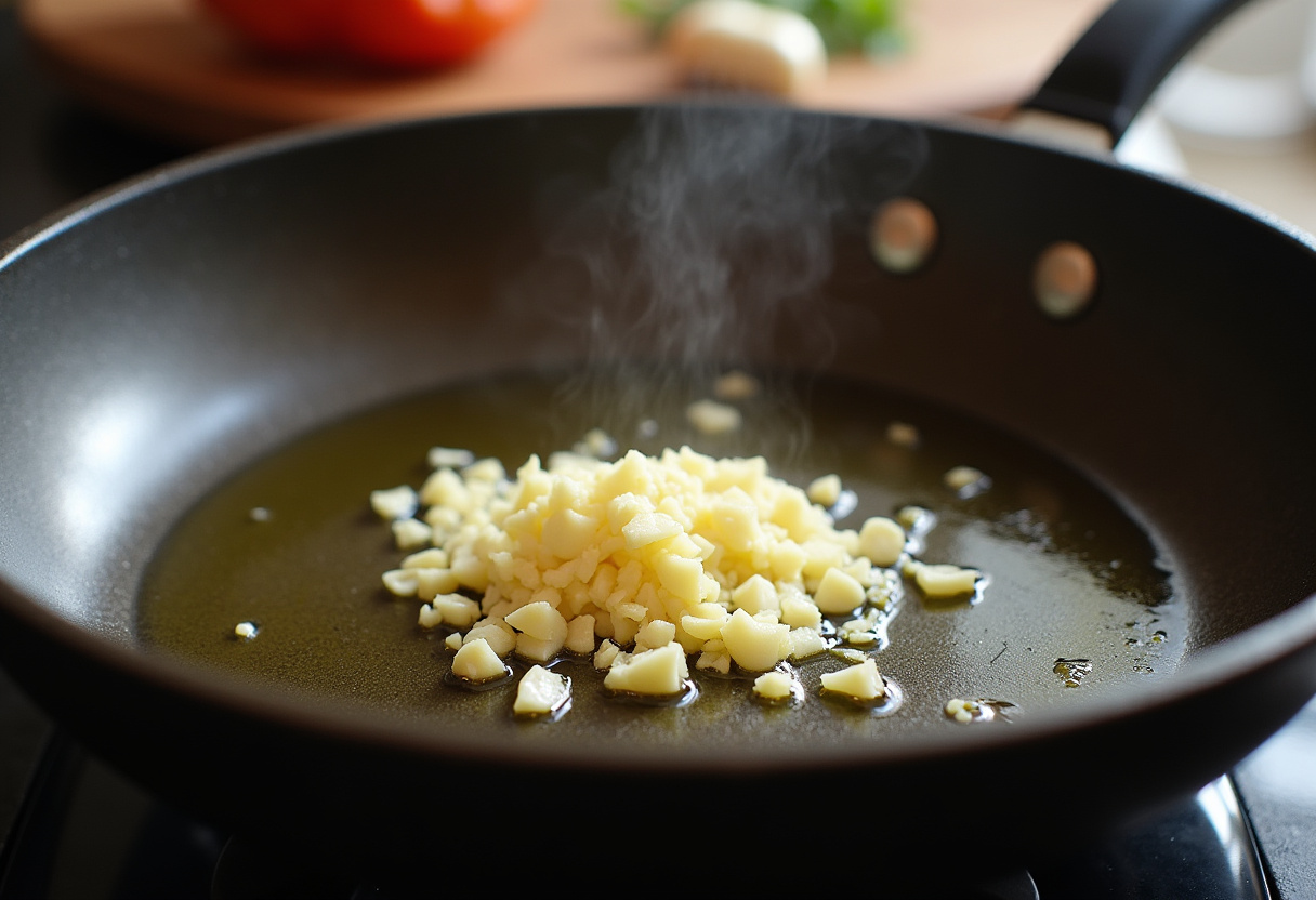 Sautรฉing garlic for Zesty Lemon Ricotta and Spinach Pasta, capturing the essence of cooking in a cozy kitchen with delicious aromas.