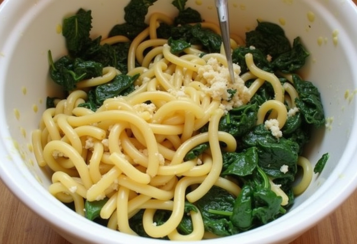 Combining ingredients for Zesty Lemon Ricotta and Spinach Pasta, featuring cooked pasta mixed with garlic, spinach, and ricotta in a bowl.