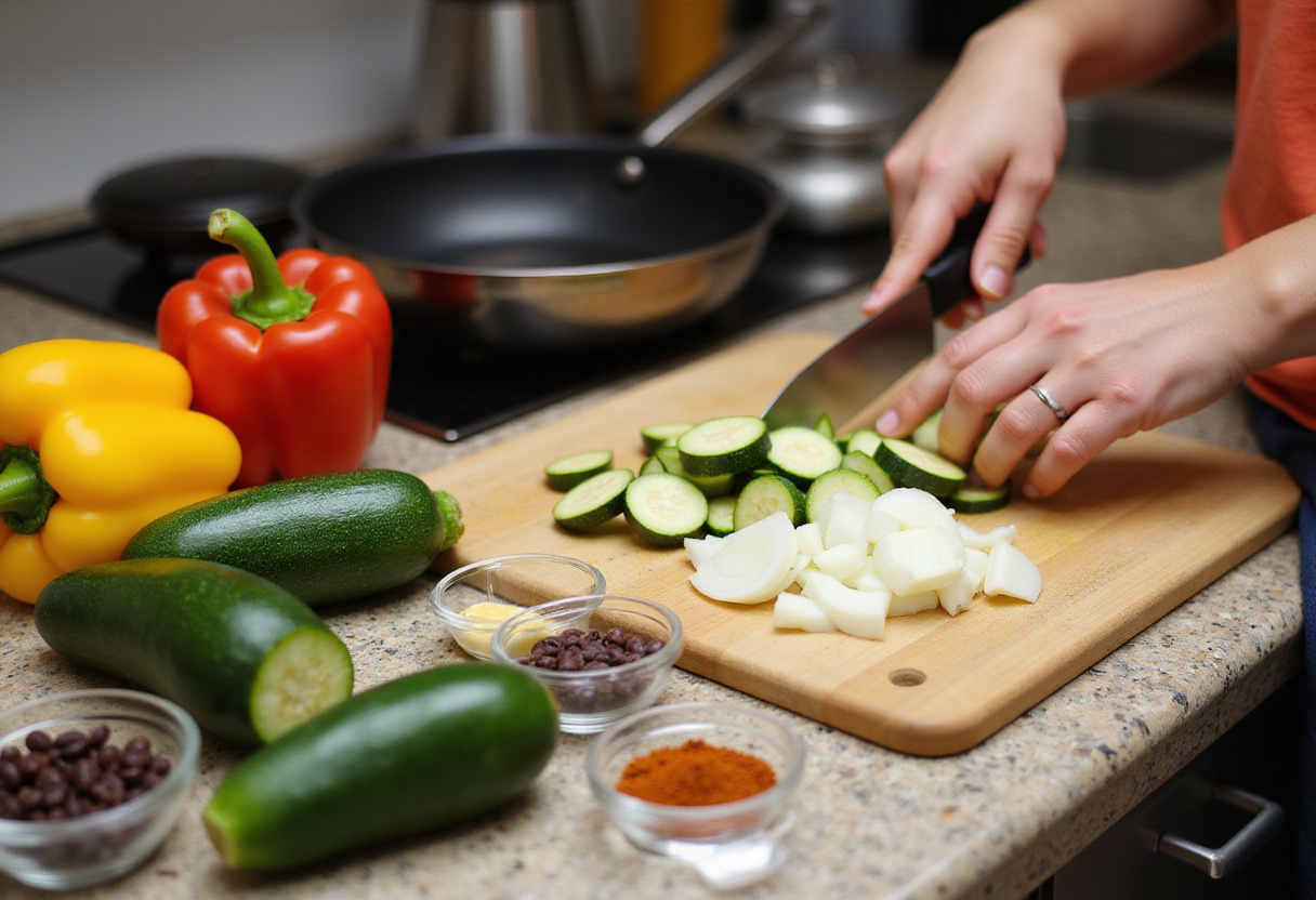 Fresh ingredients for Zucchini-Black Bean Stuffed Peppers, with chopped zucchini and onions on a cutting board.