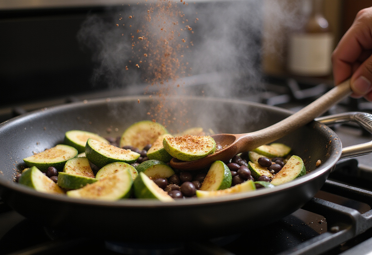 Cooking zucchini and black beans for the Zucchini-Black Bean Stuffed Peppers in a frying pan, showcasing a delicious blend of flavors.