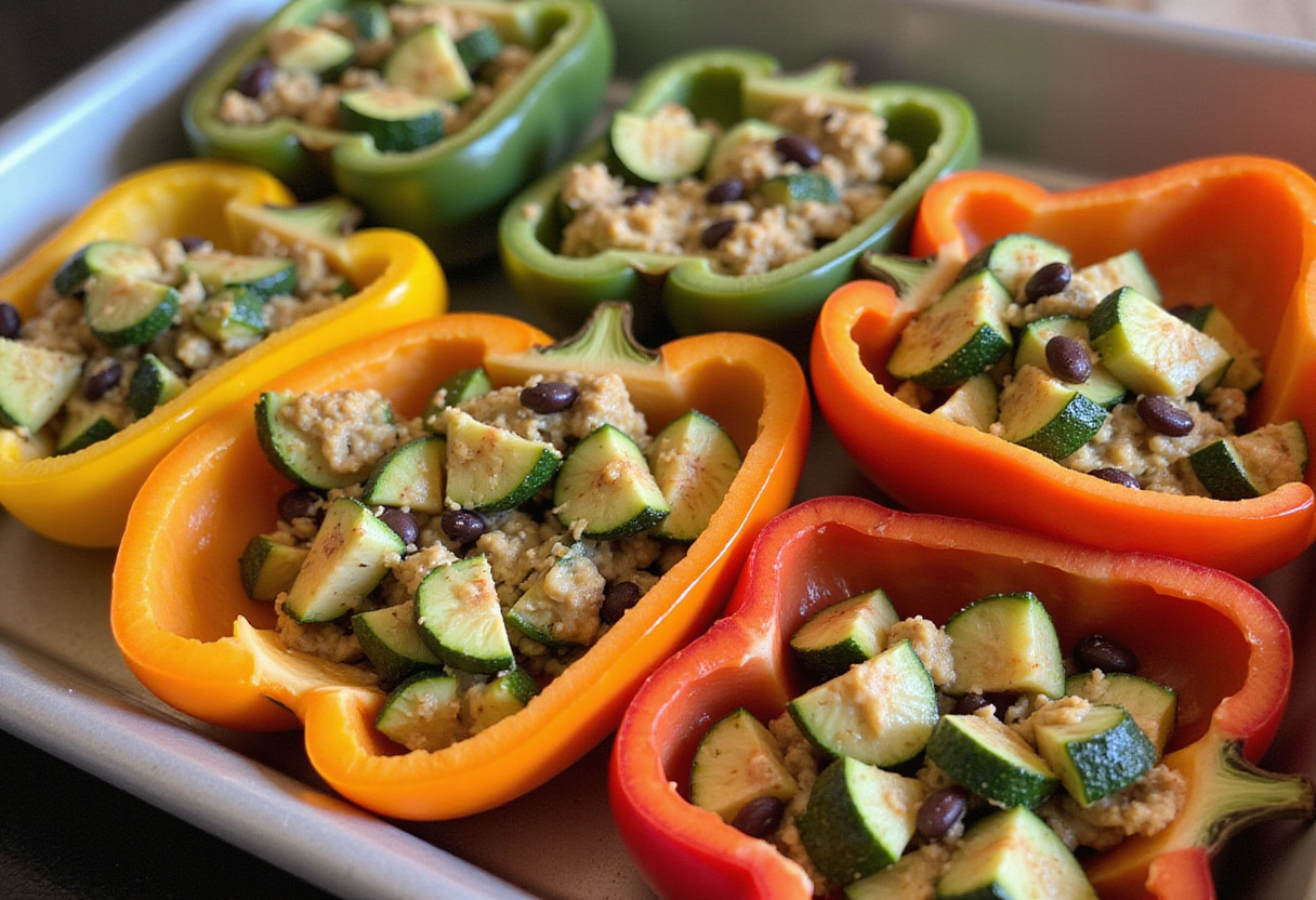 Stuffing halved bell peppers with zucchini and black bean mixture, preparing Zucchini-Black Bean Stuffed Peppers for baking.