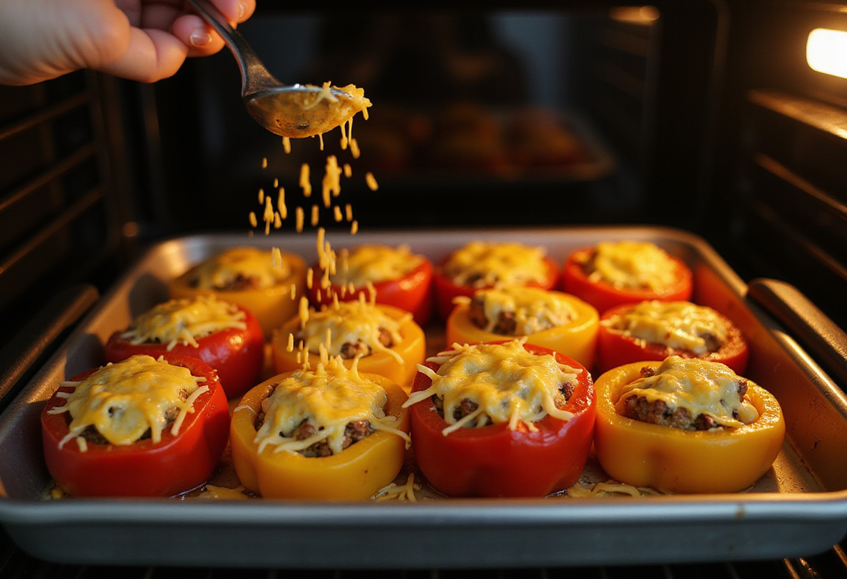 Stuffed bell peppers ready to be baked in the oven, part of the Zucchini-Black Bean Stuffed Peppers recipe.