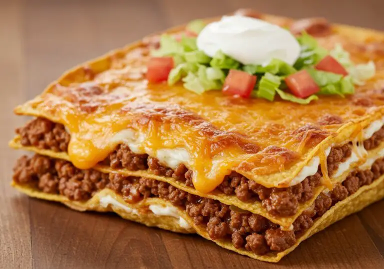 Delicious taco lasagna served hot with melted cheese and vibrant toppings, the best taco lasagna display.