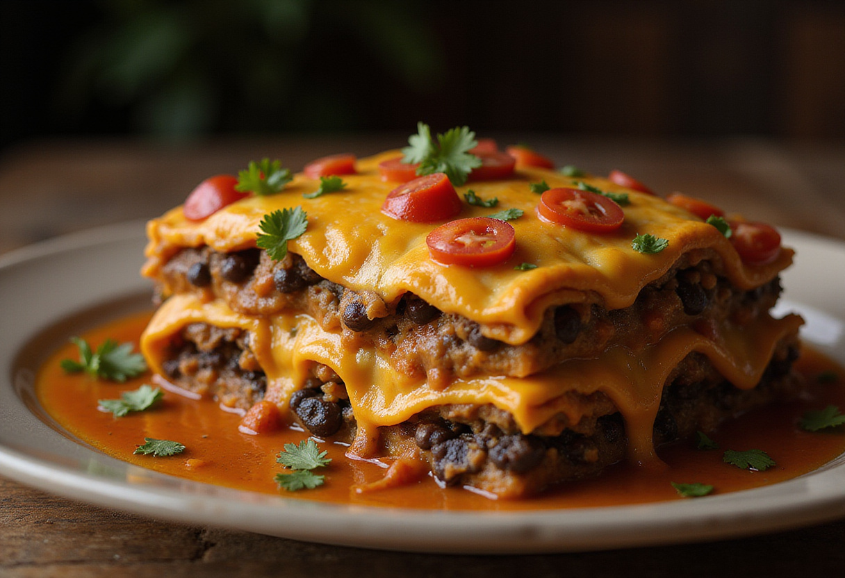 Delicious taco lasagna served hot with melted cheese and vibrant toppings, the best taco lasagna display.