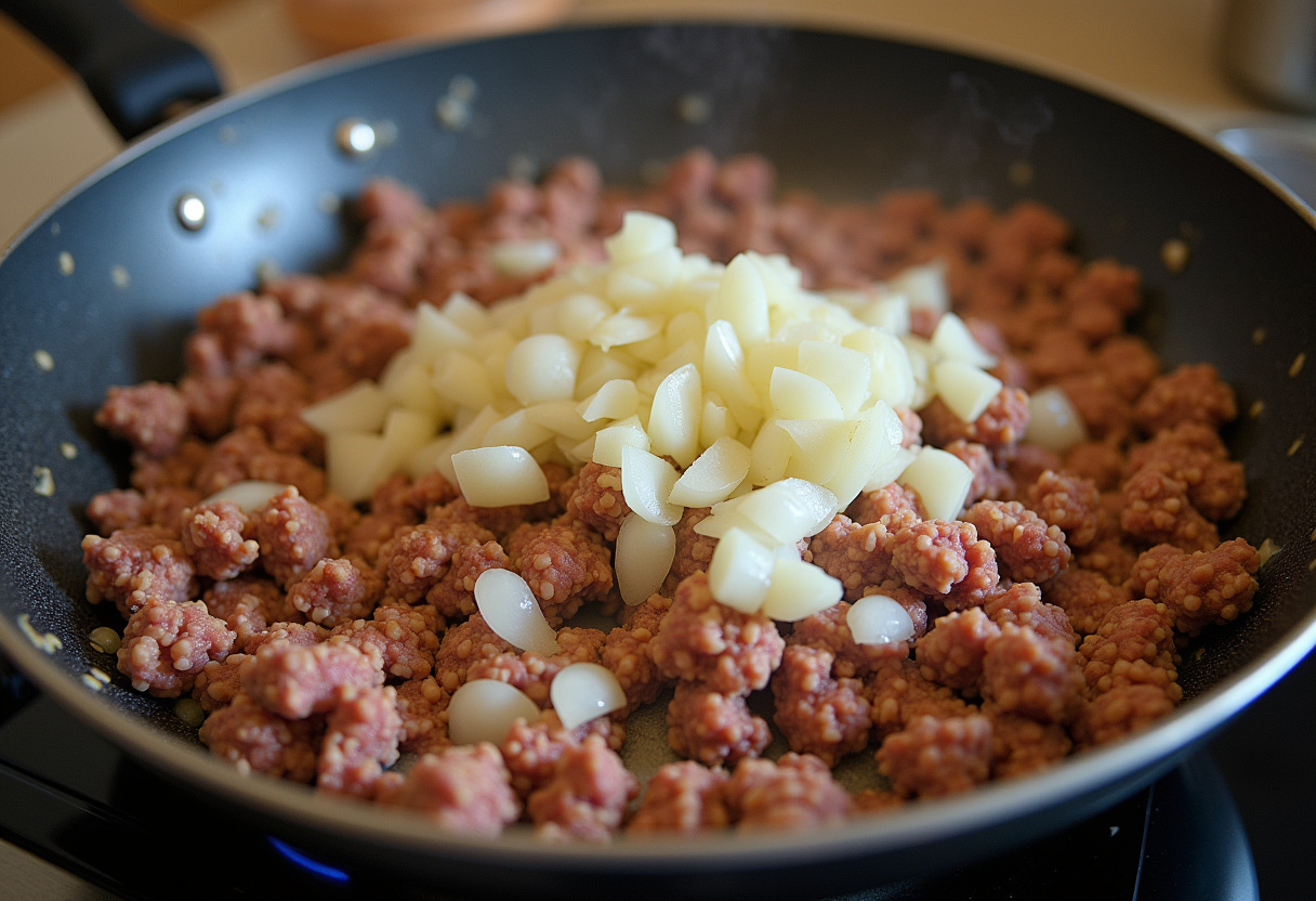 Ground beef and onions sizzling in a skillet for the best taco lasagna recipe.