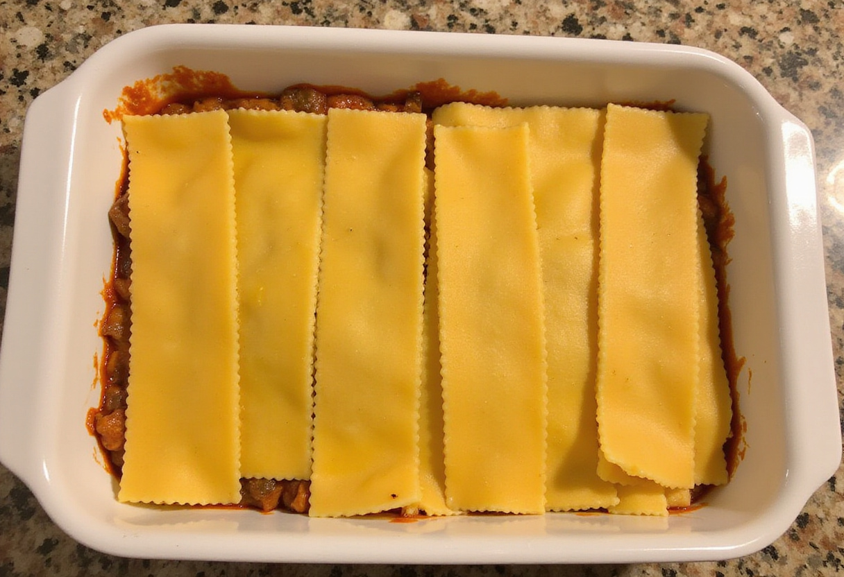 Lasagna noodles forming a base in a baking dish for the ultimate taco lasagna.