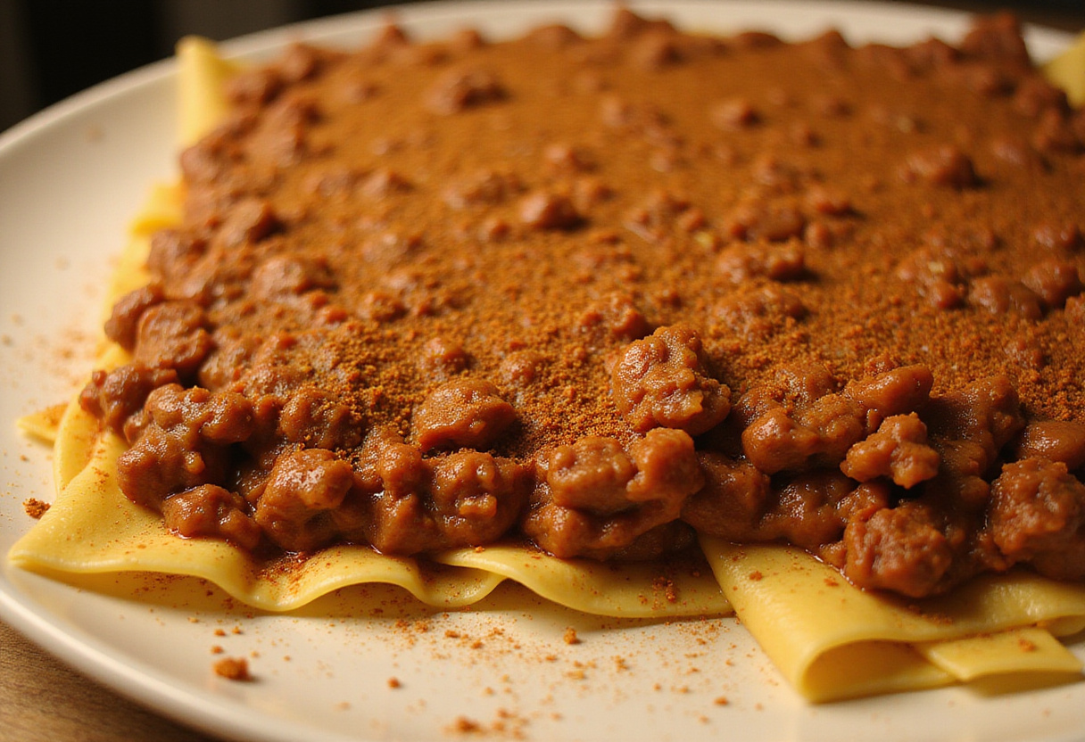 Seasoned taco meat layered over noodles in the best taco lasagna preparation.