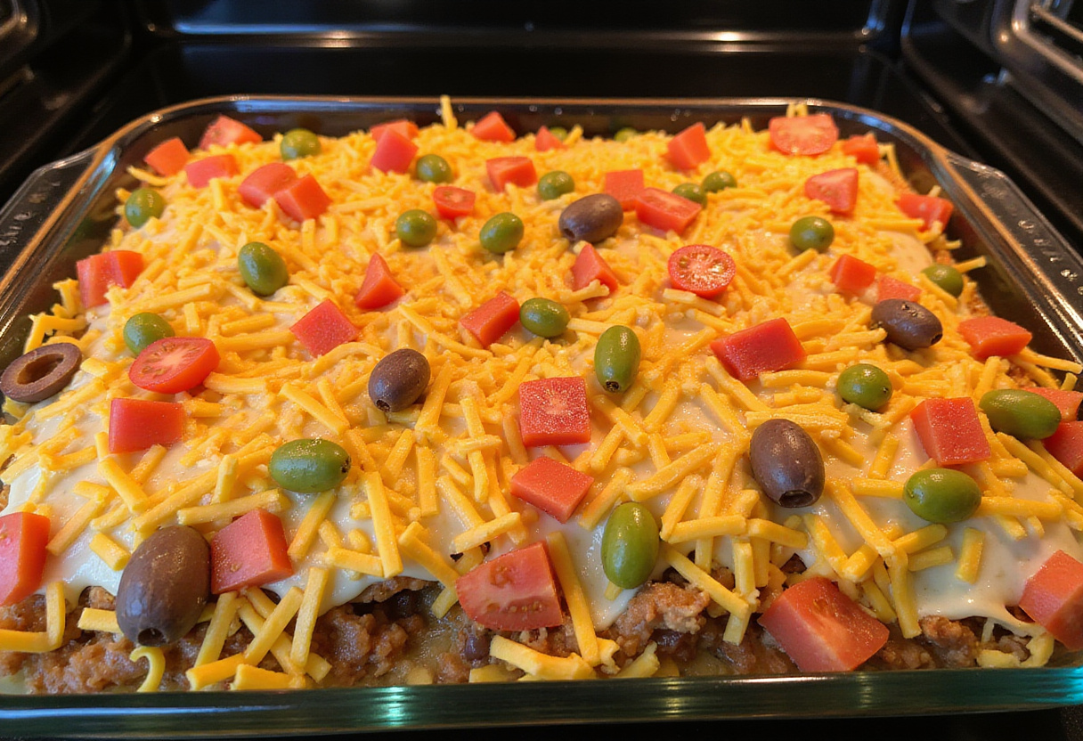 Cheese and fresh toppings added to the taco lasagna before baking for a delicious finish.