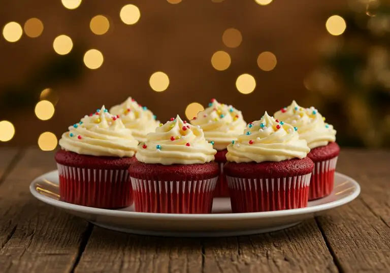 Delicious display of the best red velvet marble cupcakes topped with cream cheese frosting and sprinkles for an irresistible treat.