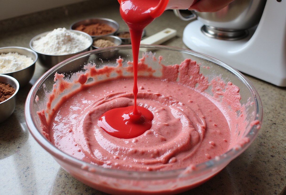 Making red velvet marble cupcake batter with vibrant red food coloring and cocoa powder for rich flavor.