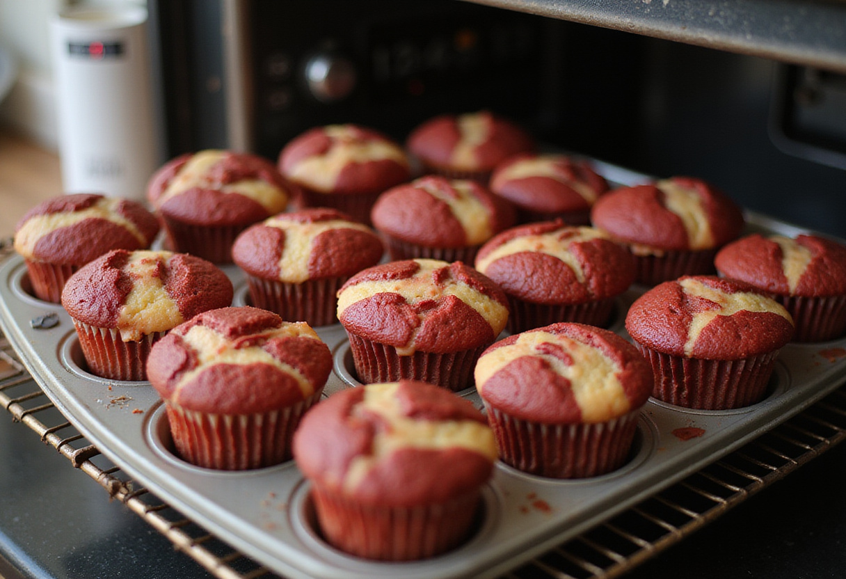 Removing freshly baked red velvet marble cupcakes from the oven to cool, displaying their rich and fluffy texture.