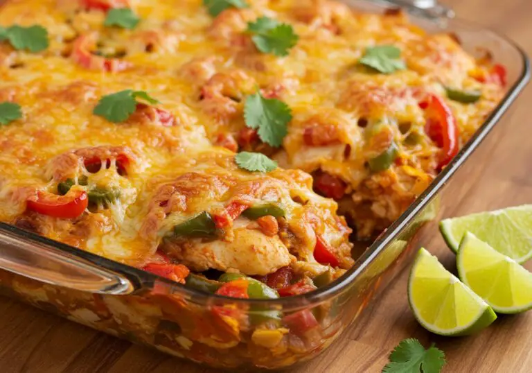 Delicious Fajita Chicken Casserole served with fresh cilantro and lime - the perfect blend of flavors in a comforting dish.
