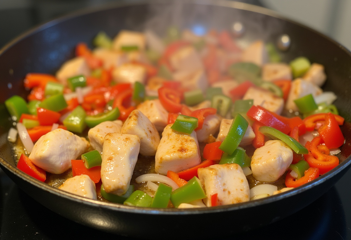 Sautรฉing bell peppers and onions with chicken breast for Fajita Chicken Casserole - vibrant colors and flavors meld together.