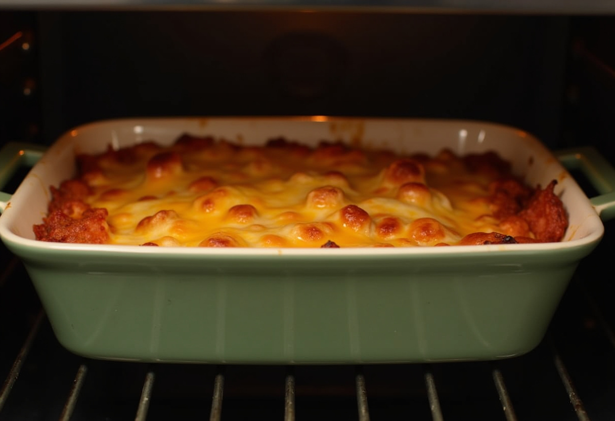 Baking the Fajita Chicken Casserole in the oven - delicious aroma fills the air as it bubbles and cheese melts.