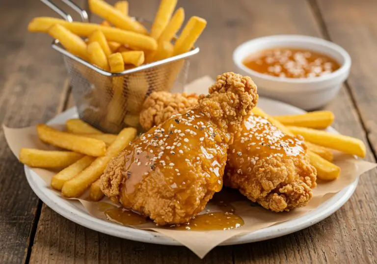 Deliciously crispy honey butter chicken presented with golden fries and sauce, perfect for any meal.