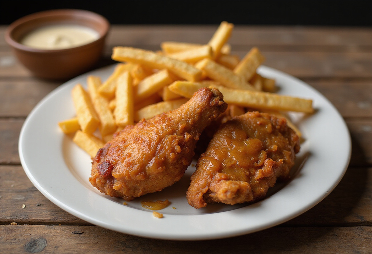 Deliciously crispy honey butter chicken presented with golden fries and sauce, perfect for any meal.