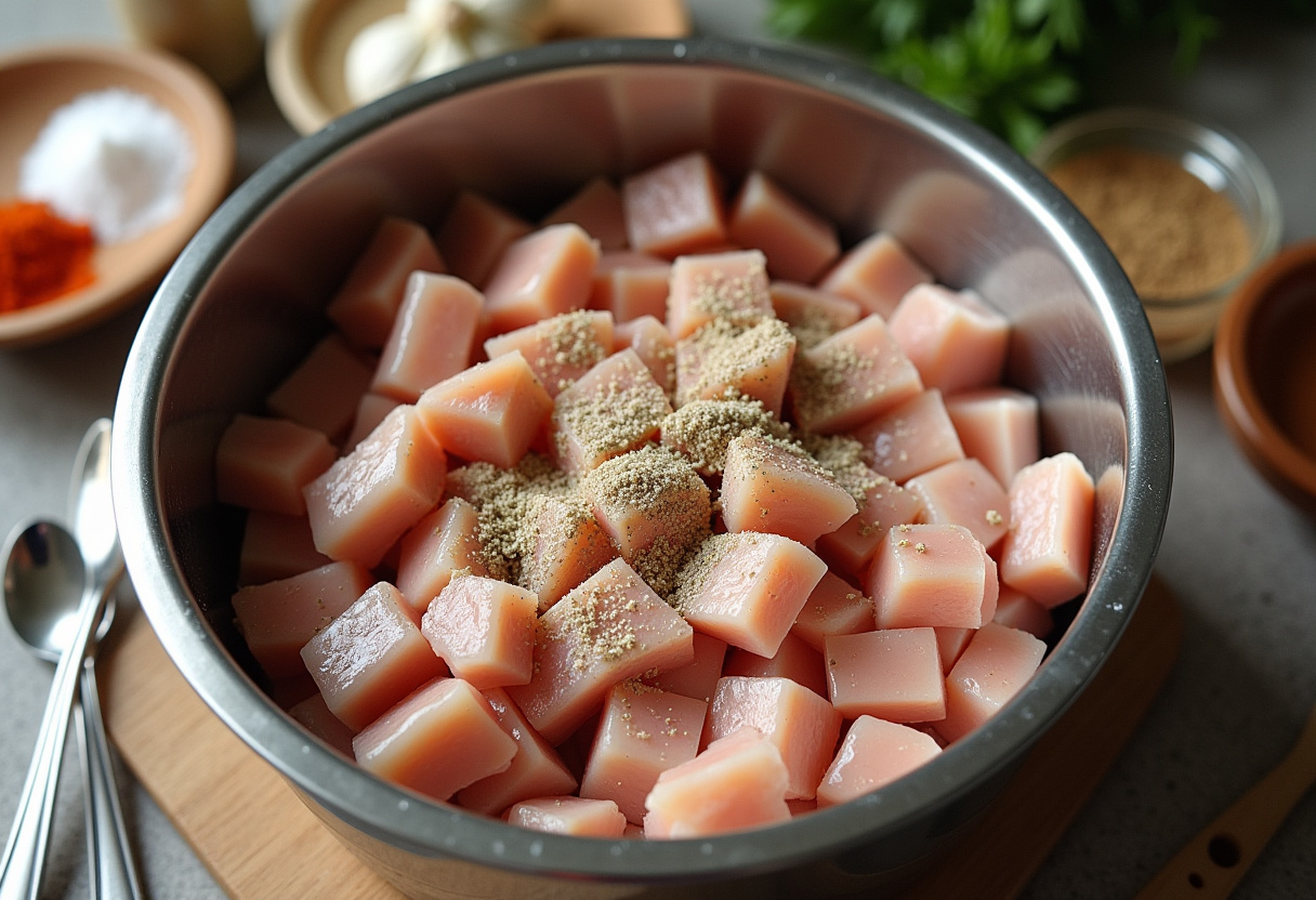 Seasoned chicken pieces marinated for the best crispy honey butter chicken, showcasing spices like garlic powder and paprika.