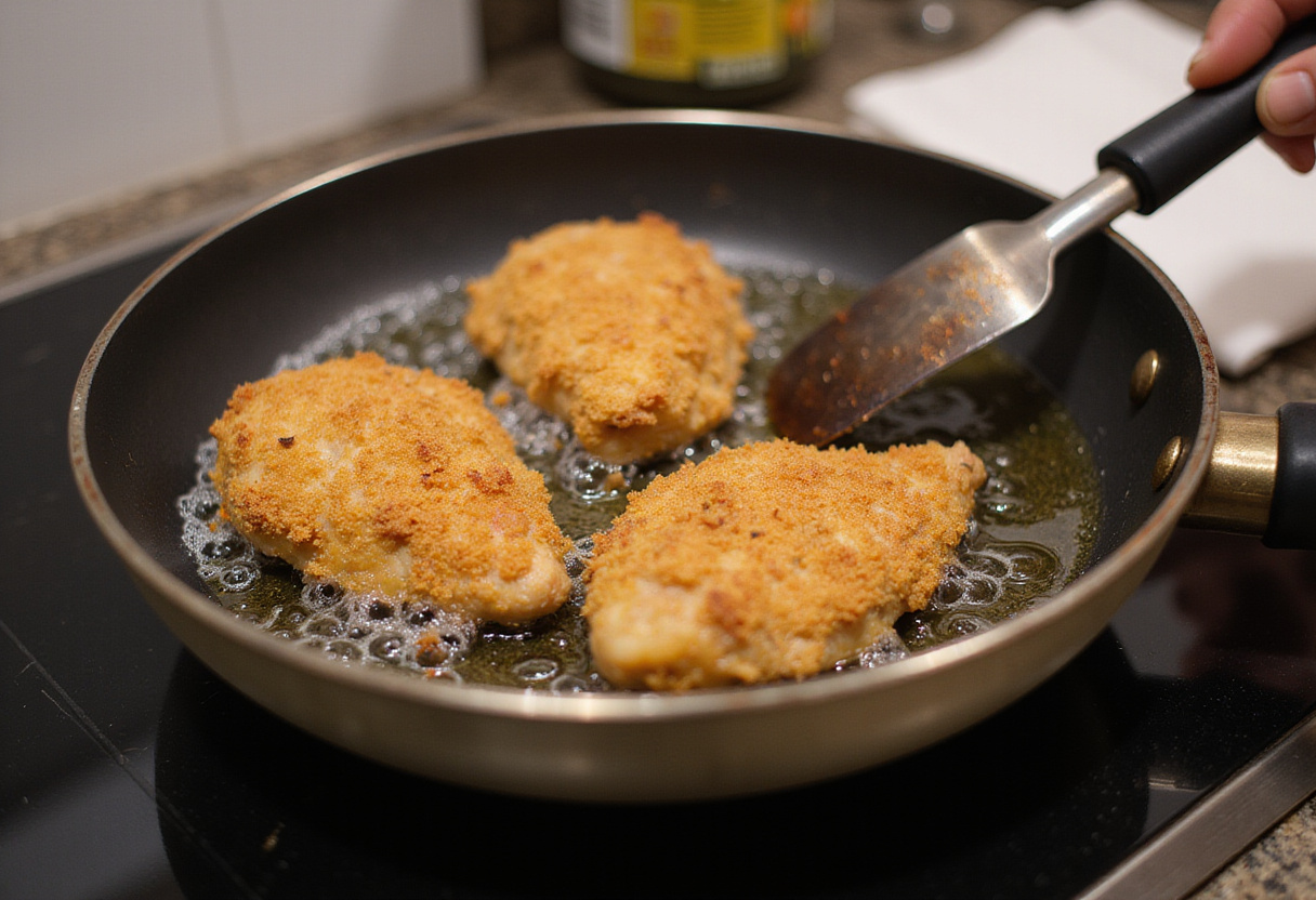 Breaded chicken pieces frying in hot oil, capturing the essence of preparing delicious crispy honey butter chicken.