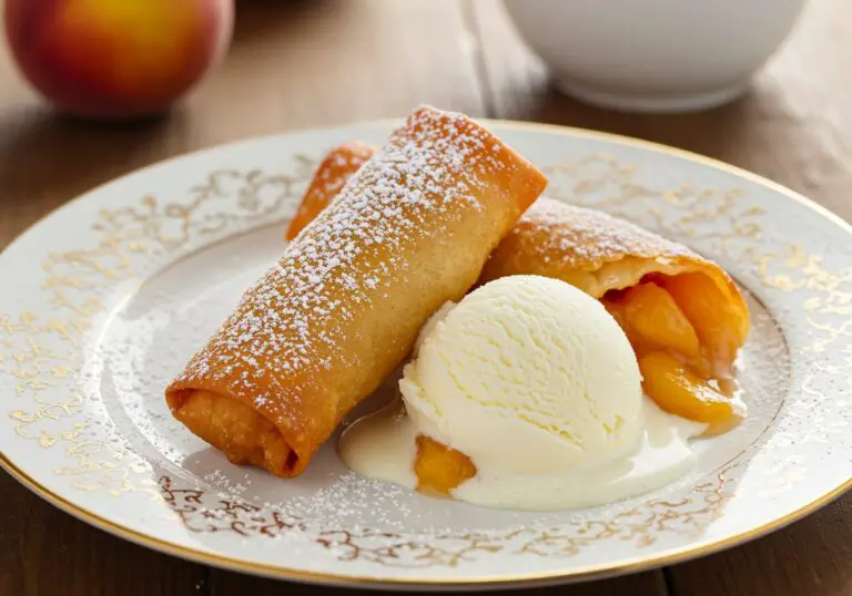 Final presentation of the best peach cobbler egg rolls served with ice cream, exemplifying dessert indulgence.