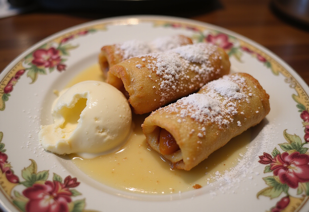 Final presentation of the best peach cobbler egg rolls served with ice cream, exemplifying dessert indulgence.