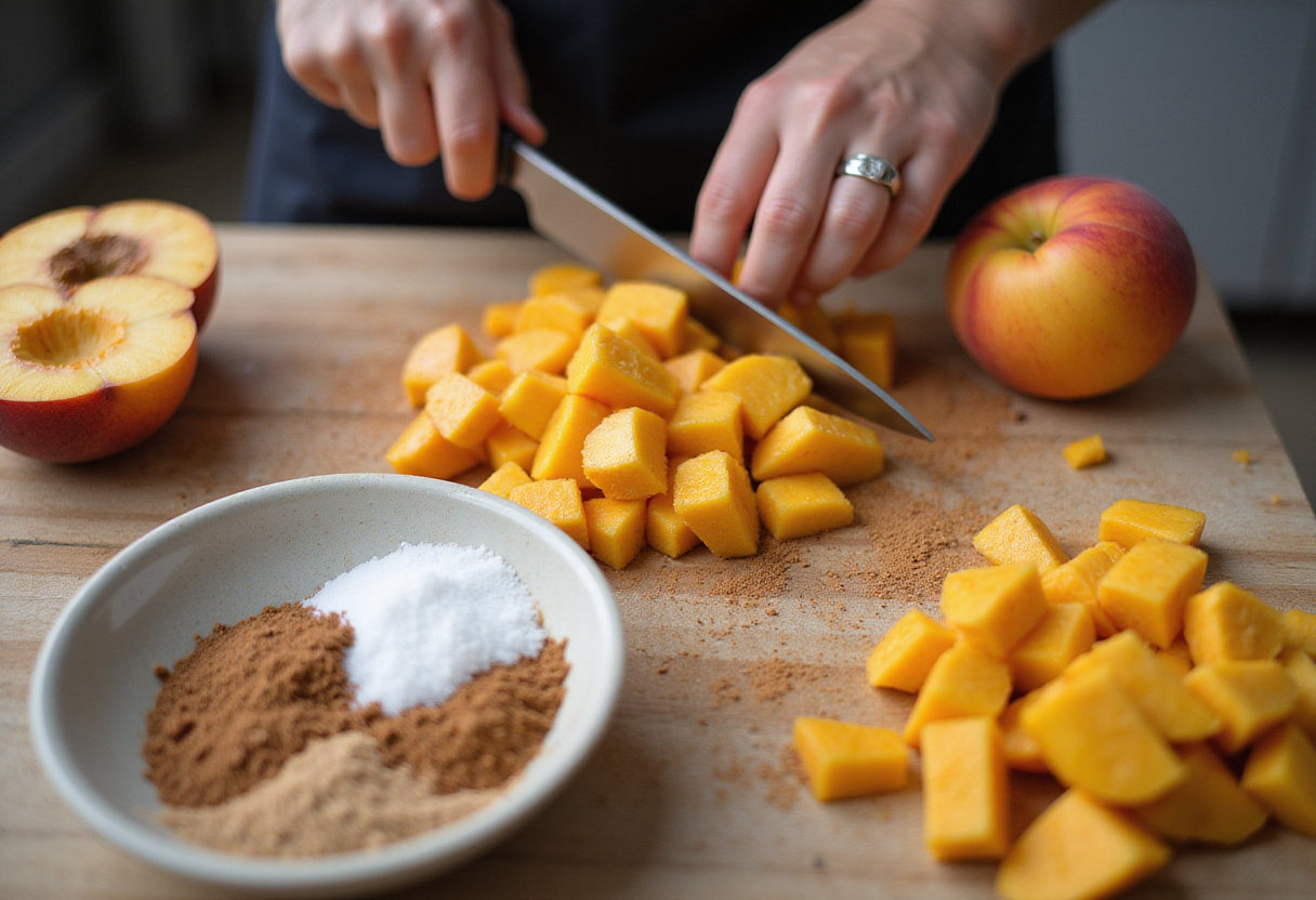 Fresh peaches being sliced for the best peach cobbler egg rolls, highlighting peach preparation in baking.
