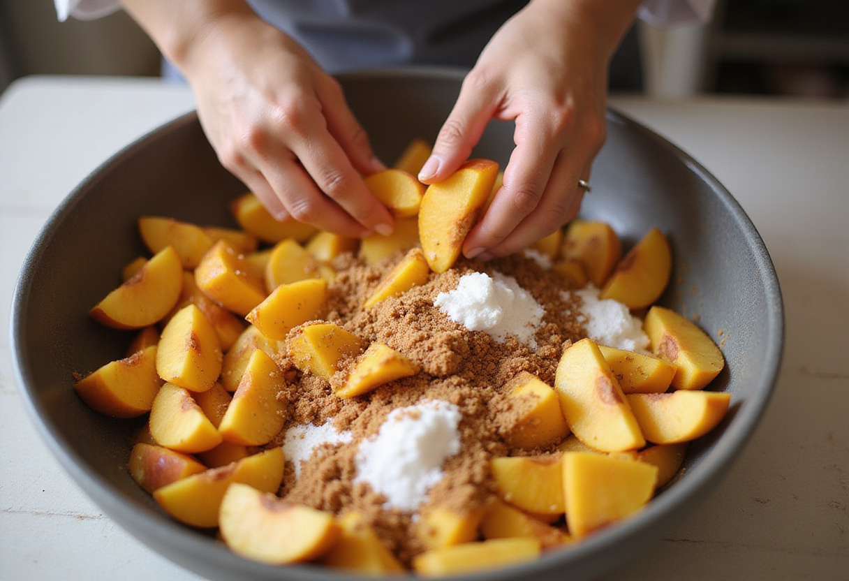 Mixing sliced peaches with cinnamon and sugar for peach cobbler filling, focusing on preparation techniques.