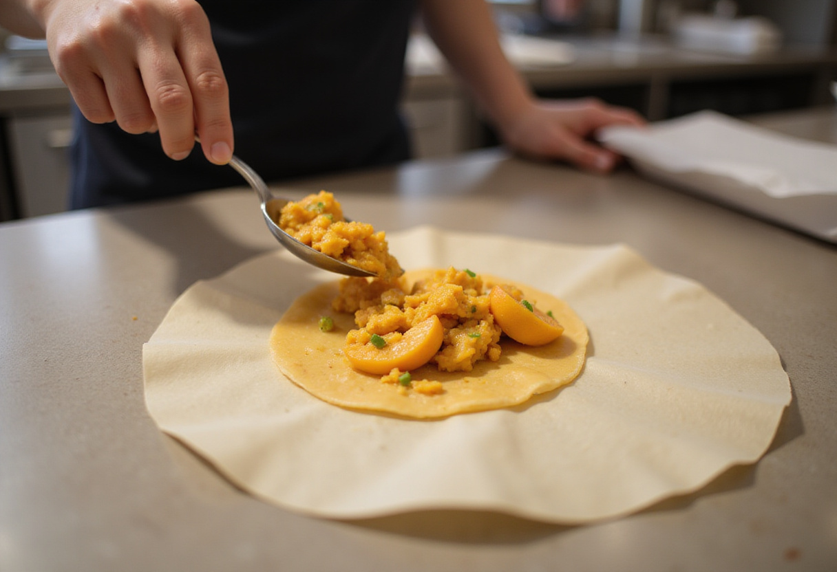 Assembling peach cobbler egg rolls on a countertop with wonton wrappers and peach filling, showcasing the rolling technique.
