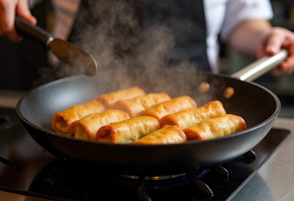 Frying peach cobbler egg rolls in a skillet to golden perfection, reflecting the cooking process in a home kitchen.