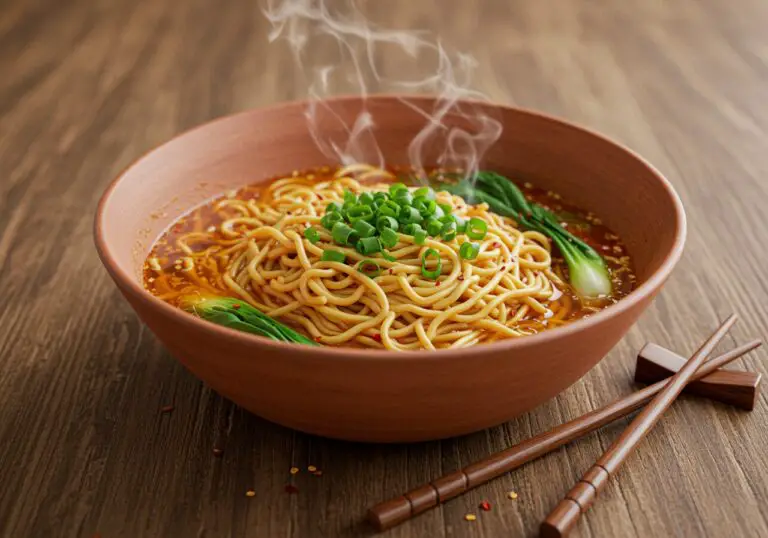 A delicious bowl of saucy ramen noodles ready to be enjoyed, showcasing the rich sauce and fresh garnishes, perfect for a quick meal.