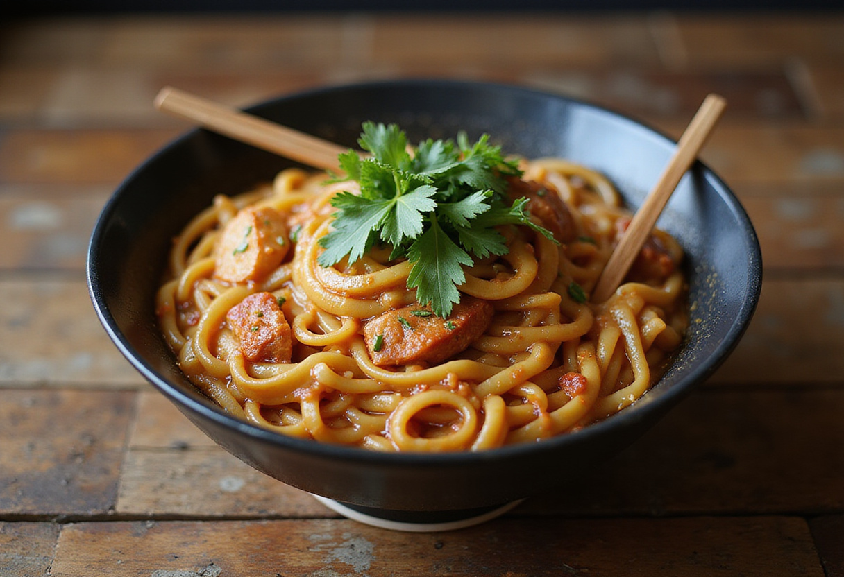 A delicious bowl of saucy ramen noodles ready to be enjoyed, showcasing the rich sauce and fresh garnishes, perfect for a quick meal.