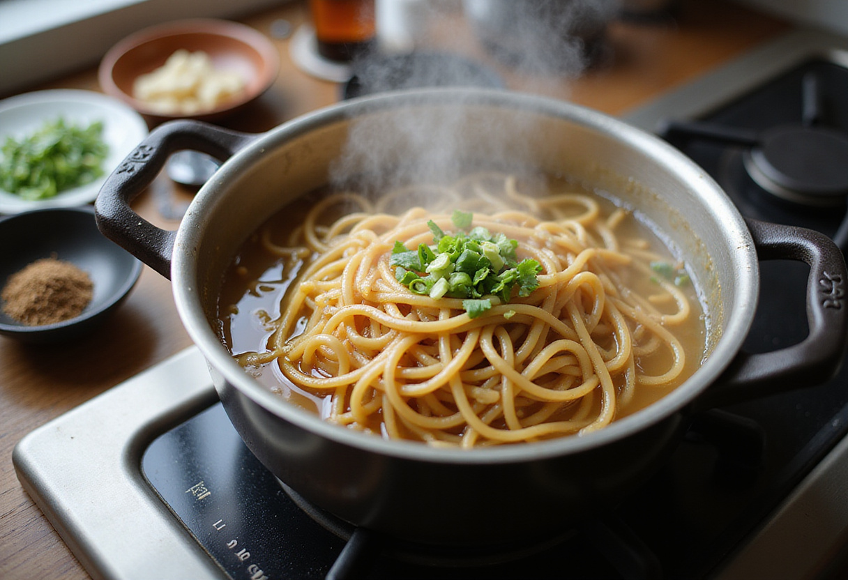 Uncooked ramen noodles boiling in water, preparing for the best and easy saucy ramen noodles, with spices and soy sauce on the counter.