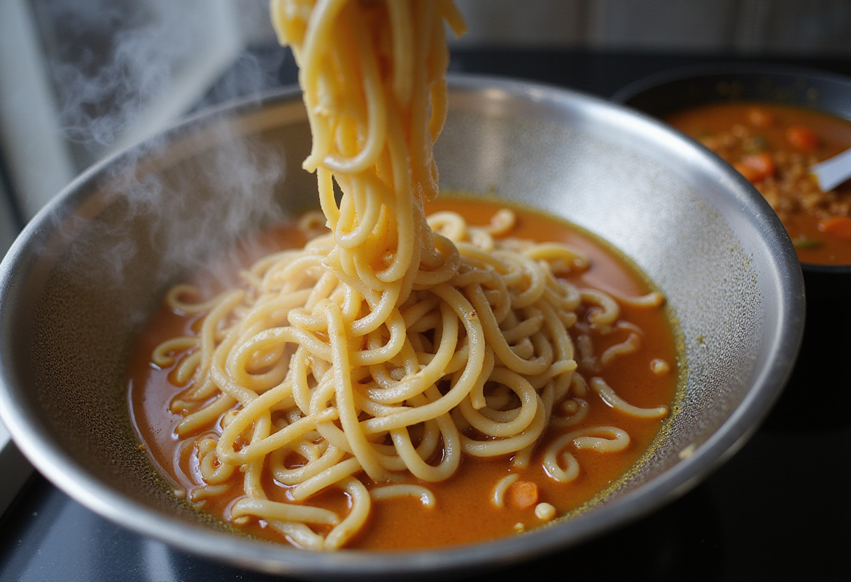 Draining cooked ramen noodles to create the best and easy saucy ramen noodles, alongside a simmering sauce ready for mixing.