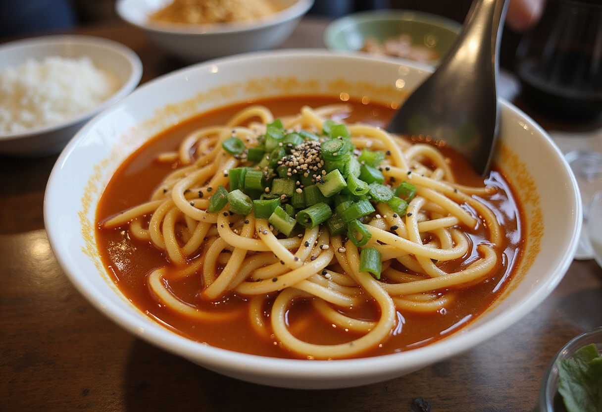 Mixing the cooked ramen noodles with a rich sauce, garnished with green onions and sesame seeds, bringing the flavors together perfectly.