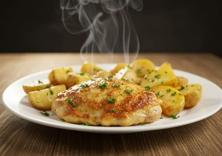Delicious Garlic Parmesan Chicken and Potatoes served on a rustic table, highlighting the savory flavors and perfect presentation of this must-try recipe.